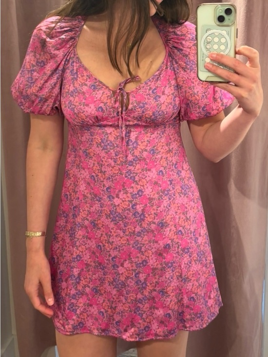 saltwater LUXE Dresses & Skirts - saltwater LUXE Pink Floral Tie-Front Puff Sleeve Mini Dress